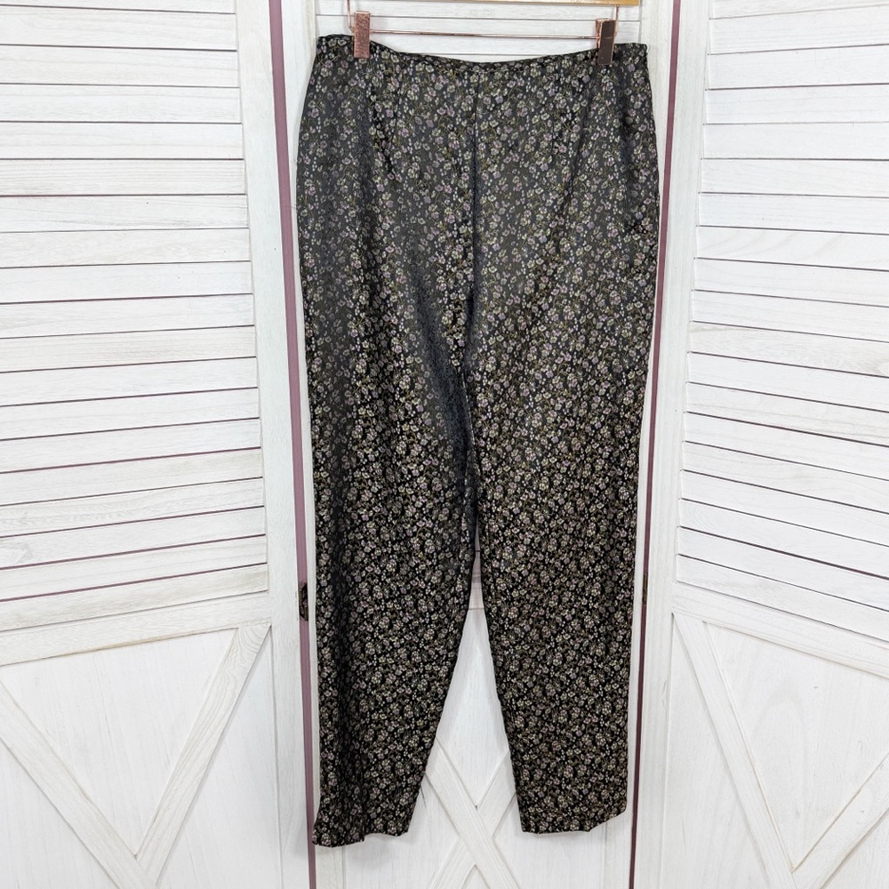 Vintage Allison Taylor Ditsy‎ Floral Satin Brocade Ankle Pants Black Purple 8